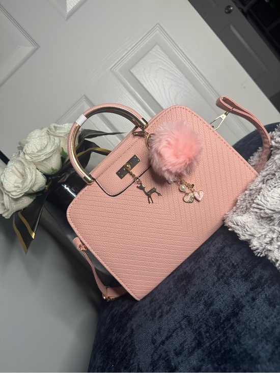 Nina Handbags - Nina Blush Pink Structured Top-Handle Satchel with Pom-Pom Charm